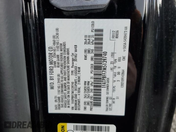 2021 Ford Mustang GT Premium with VIN 1FATP8FF7M5139740, listed as a Copart auction lot 84479174 with 27,358 mi miles and Salvage title. Bid and sale history available at DreamBid. Image 12.