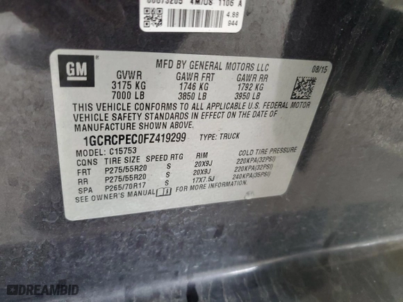 2015 Chevrolet Silverado 1500 Work Truck with VIN 1GCRCPEC0FZ419299, listed as a Copart auction lot 88102865 with 221,416 mi miles and Clean Title. Bid and sale history available at carsss.com. Image 12.