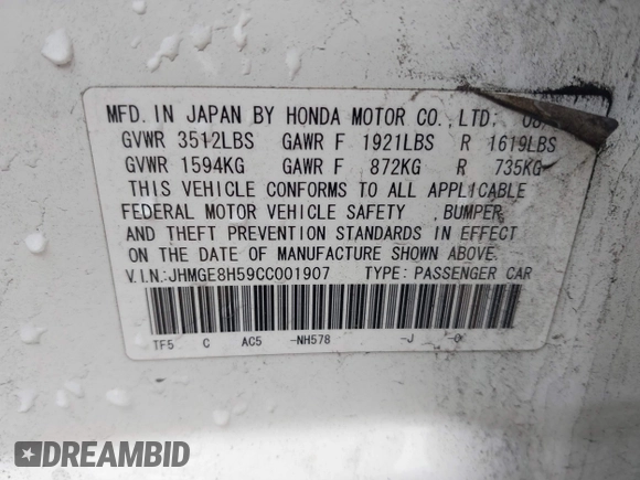 2012 Honda Fit Sport with VIN JHMGE8H59CC001907, listed as a IAAI auction lot 41532788 with 75,917 mi miles. Bid and sale history available at carsss.com. Image 9.