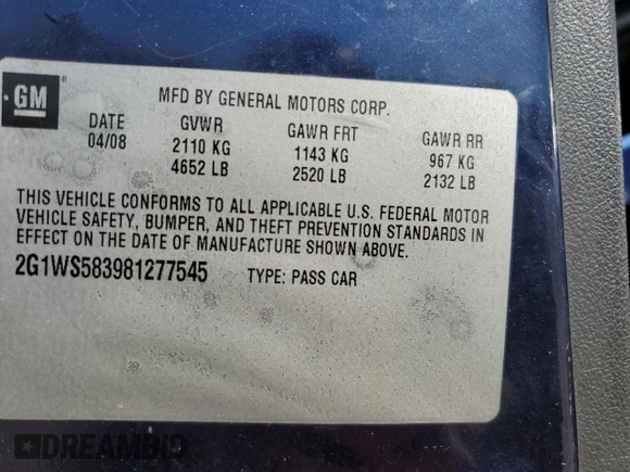 2008 Chevrolet Impala with VIN 2G1WS583981277545, listed as a Copart auction lot 76921844 with 118,260 mi miles and Salvage Title. Bid and sale history available at DreamBid. Image 13.
