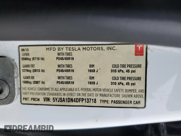 2013 Tesla Model S with VIN 5YJSA1DN4DFP13718, listed as a Copart auction lot 53118285 with Not Provided miles and Salvage Title. Bid and sale history available at carsss.com. Image 12.