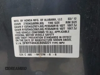 2012 Honda Pilot EX with VIN 5FNYF4H43CB050221, listed as a IAAI auction lot 41961752 with 217,064 mi miles. Bid and sale history available at carsss.com. Image 9.