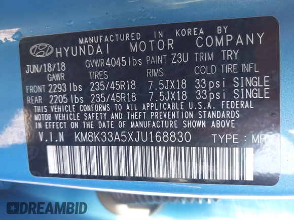 2018 Hyundai Kona Limited with VIN KM8K33A5XJU168830, listed as a IAAI auction lot 41859067 with 43,145 mi miles. Bid and sale history available at carsss.com. Image 9.