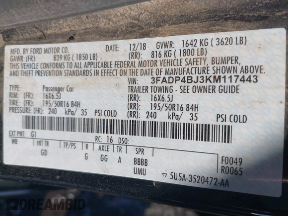 2019 Ford Fiesta SE with VIN 3FADP4BJ3KM117443, listed as a IAAI auction lot 41872511 with 73,981 mi miles. Bid and sale history available at carsss.com. Image 9.