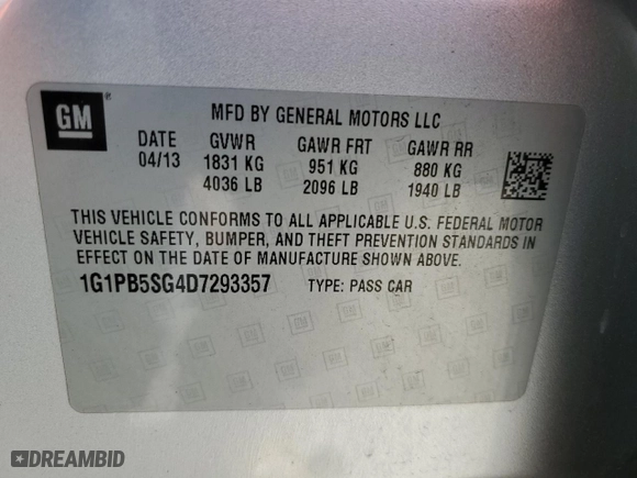 2013 Chevrolet Cruze LS with VIN 1G1PB5SG4D7293357, listed as a Copart auction lot 48555024 with NaN miles and Salvage Title. Bid and sale history available at carsss.com. Image 12.