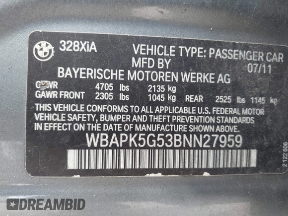 2011 BMW 3 Series 328i xDrive with VIN WBAPK5G53BNN27959, listed as a IAAI auction lot 38801702 with 148,455 mi miles and . Bid and sale history available at carsss.com. Image 9.
