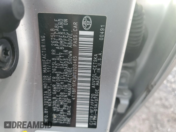 2012 Toyota Camry L with VIN 4T1BF1FK3CU200465, listed as a Copart auction lot 54472855 with 139,705 mi miles and Salvage Title. Bid and sale history available at carsss.com. Image 12.