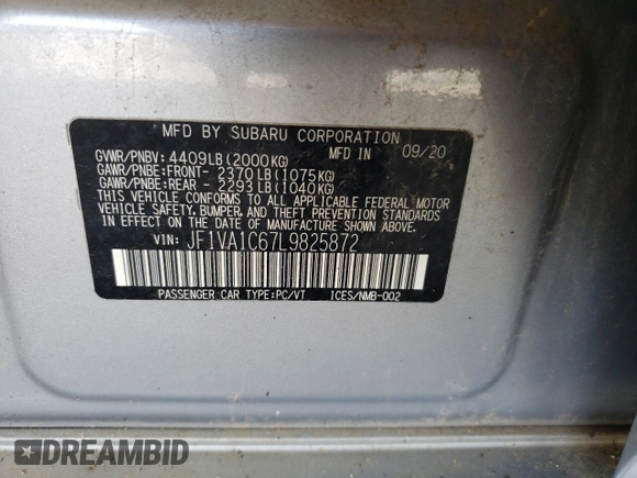 2020 Subaru WRX Premium с VIN JF1VA1C67L9825872, выставлен на аукционе Copart как лот 58183605 с пробегом 69 203 миль миль и Чистый • Clean title. История ставок и продаж доступна на DreamBid. Изображение 12.