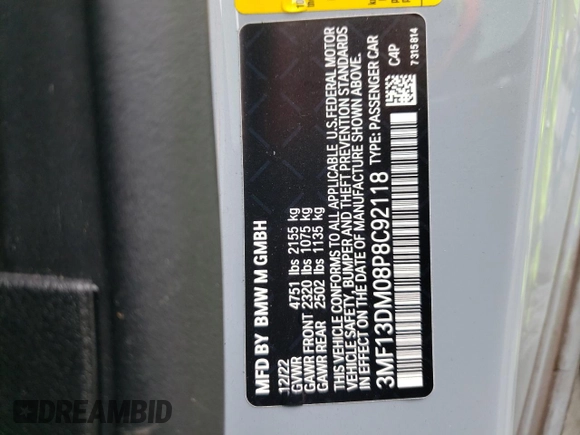 2023 BMW M2 with VIN 3MF13DM08P8C92118, listed as a Copart auction lot 84905124 with 18,454 mi miles and Salvage Title. Bid and sale history available at carsss.com. Image 13.