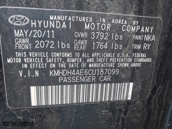 2012 Hyundai Elantra GLS with VIN KMHDH4AE6CU187099, listed as a IAAI auction lot 42037800 with 107,046 mi miles. Bid and sale history available at carsss.com. Image 9.