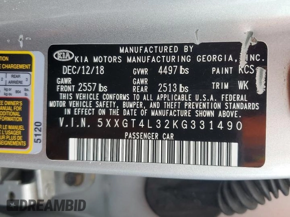 2019 Kia Optima LX with VIN 5XXGT4L32KG331490, listed as a Copart auction lot 55242975 with 104,500 mi miles and Clean title. Bid and sale history available at DreamBid. Image 12.
