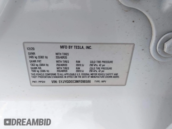 2021 Tesla Model Y Long Range with VIN 5YJYGDEE3MF098586, listed as a IAAI auction lot 40939802 with Not Provided miles and . Bid and sale history available at DreamBid. Image 9.
