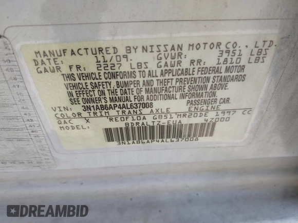 2010 Nissan Sentra SR with VIN 3N1AB6AP4AL637008, listed as a IAAI auction lot 42101285 with 191,883 mi miles and . Bid and sale history available at DreamBid. Image 9.