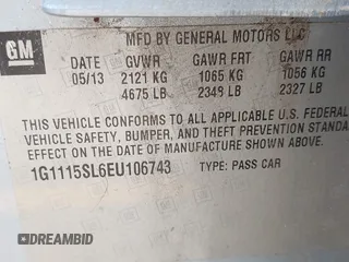 2014 Chevrolet Impala LT with VIN 1G1115SL6EU106743, listed as a IAAI auction lot 42336055 with 110,925 mi miles and . Bid and sale history available at DreamBid. Image 9.