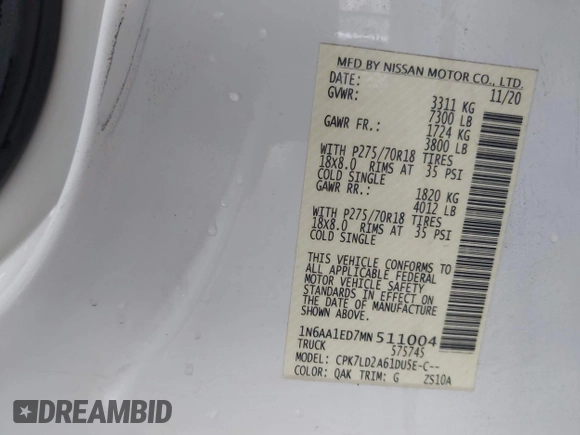 2021 Nissan Titan Pro-4X z VIN 1N6AA1ED7MN511004, wystawiony jako IAAI lot #42184599 z przebiegiem 36 086 mil mil oraz . Historia ofert i sprzedaży dostępna na DreamBid. Obrazek 9.