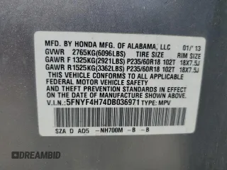 2013 Honda Pilot EX-L z VIN 5FNYF4H74DB036971, wystawiony jako Copart lot #57299475 z przebiegiem 119 243 mil mil oraz Czysty tytuł • Clean title. Historia ofert i sprzedaży dostępna na DreamBid. Obrazek 13.