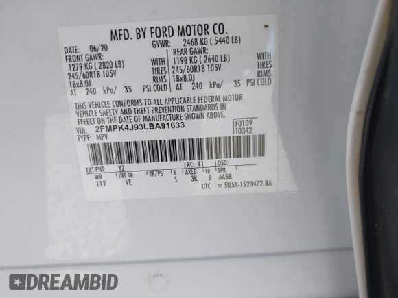 2020 Ford Edge SEL with VIN 2FMPK4J93LBA91633, listed as a IAAI auction lot 41415824 with 72,264 mi miles. Bid and sale history available at carsss.com. Image 9.