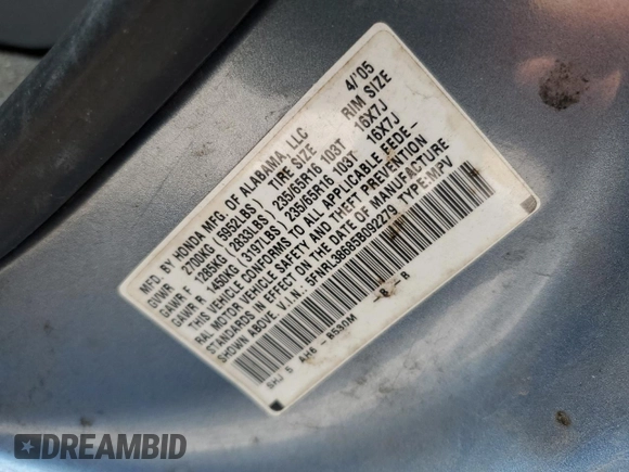 2005 Honda Odyssey EX-L z VIN 5FNRL38685B092279, wystawiony jako Copart lot #57452175 z przebiegiem Nie podano mil oraz Szkoda całkowita • Salvage title. Historia ofert i sprzedaży dostępna na DreamBid. Obrazek 12.