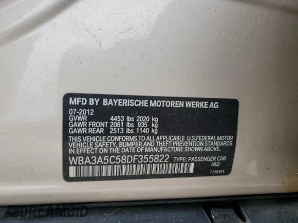 2013 BMW 3 Series 328i with VIN WBA3A5C58DF355822, listed as a Copart auction lot 45923815 with 98,109 mi miles and Salvage Title. Bid and sale history available at carsss.com. Image 12.
