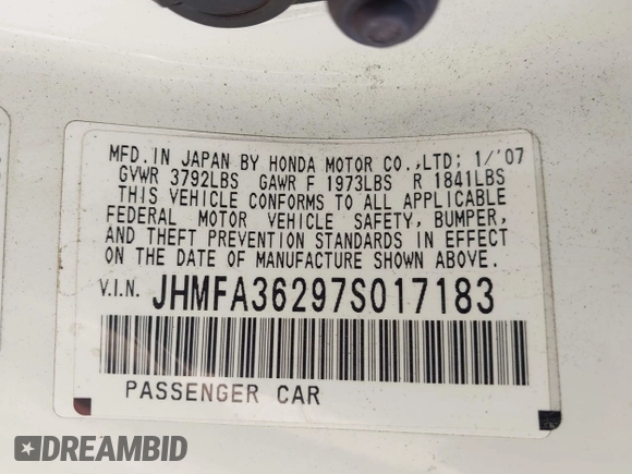 2007 Honda Civic with VIN JHMFA36297S017183, listed as a IAAI auction lot 42321374 with 22,724 mi miles and . Bid and sale history available at DreamBid. Image 9.