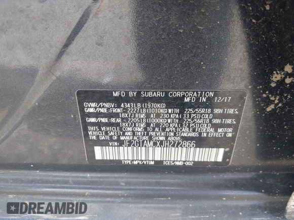 2018 Subaru Crosstrek Limited с VIN JF2GTAMCXJH272866, выставлен на аукционе IAAI как лот 42295410 с пробегом 106 807 миль миль и . История ставок и продаж доступна на DreamBid. Изображение 9.
