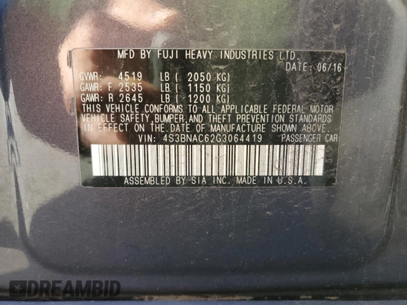 2016 Subaru Legacy 2.5i Premium with VIN 4S3BNAC62G3064419, listed as a Copart auction lot 73995383 with 81,134 mi miles. Bid and sale history available at carsss.com. Image 13.