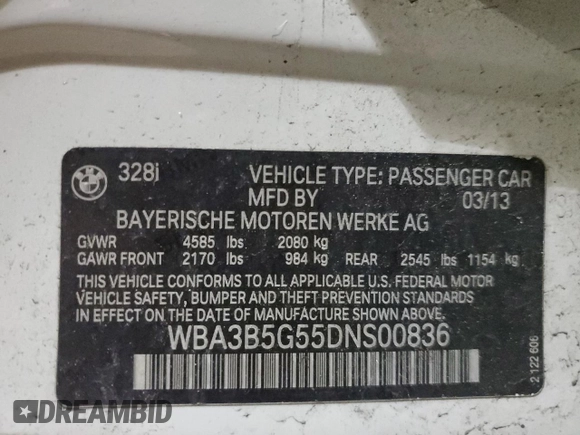 2013 BMW 3 Series 328i xDrive with VIN WBA3B5G55DNS00836, listed as a Copart auction lot 87439634 with 76,604 mi miles and Salvage Title. Bid and sale history available at carsss.com. Image 13.