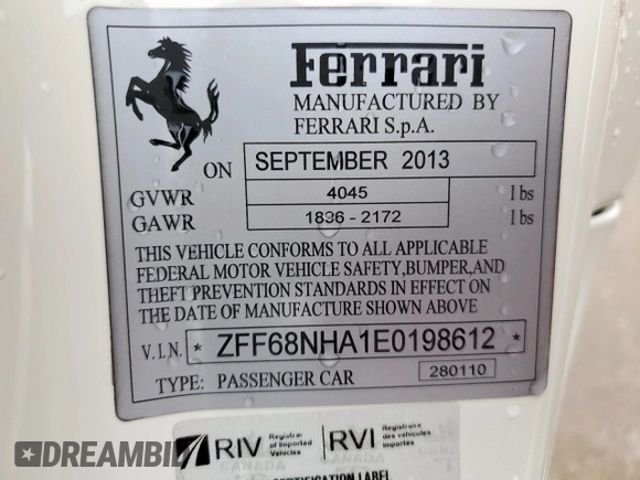 2014 Ferrari 458 Italia z VIN ZFF68NHA1E0198612, wystawiony jako Copart lot #54941365 z przebiegiem 4 506 mil mil oraz Szkoda całkowita • Salvage title. Historia ofert i sprzedaży dostępna na DreamBid. Obrazek 13.