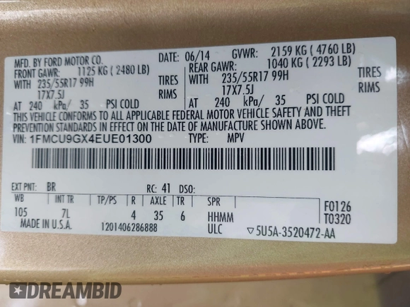 2014 Ford Escape SE with VIN 1FMCU9GX4EUE01300, listed as a IAAI auction lot 41674134 with 136,192 mi miles. Bid and sale history available at carsss.com. Image 9.