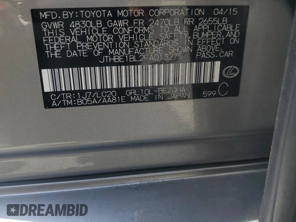 2015 Lexus GS 350 with VIN JTHBE1BL2FA013275, listed as a Copart auction lot 59461885 with 80,733 mi miles and Salvage title. Bid and sale history available at DreamBid. Image 12.