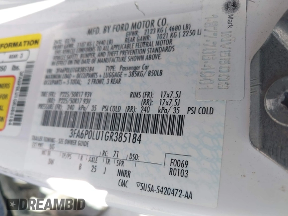 2016 Ford Fusion SE Hybrid with VIN 3FA6P0LU1GR385184, listed as a IAAI auction lot 39230513 with 106,311 mi miles. Bid and sale history available at carsss.com. Image 9.