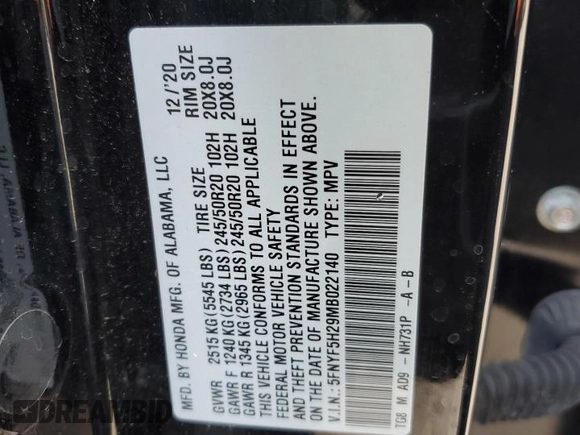 2021 Honda Pilot Special Edition with VIN 5FNYF5H29MB022140, listed as a Copart auction lot 54865815 with 87,294 mi miles and Salvage Title. Bid and sale history available at DreamBid. Image 13.
