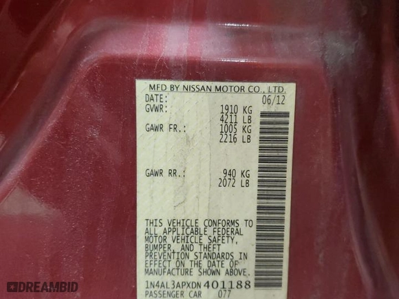 2013 Nissan Altima 2.5 S with VIN 1N4AL3APXDN401188, listed as a Copart auction lot 51437525 with 185,080 mi miles and Salvage Title. Bid and sale history available at carsss.com. Image 12.