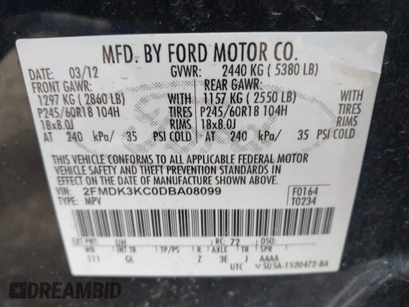 2013 Ford Edge Limited с VIN 2FMDK3KC0DBA08099, выставлен на аукционе IAAI как лот 42200522 с пробегом 138 688 миль миль и . История ставок и продаж доступна на DreamBid. Изображение 9.