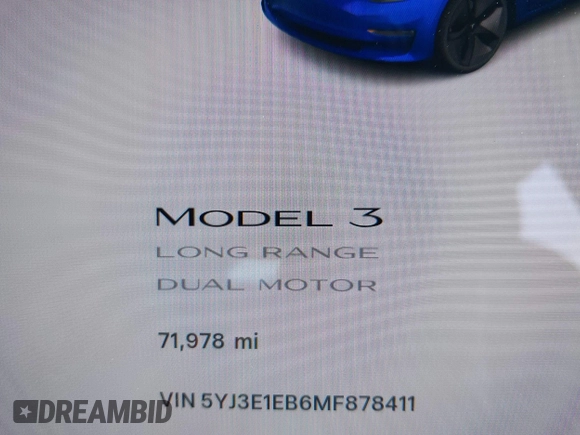 2021 Tesla Model 3 Long Range with VIN 5YJ3E1EB6MF878411, listed as a IAAI auction lot 41986947 with 71,978 mi miles and . Bid and sale history available at DreamBid. Image 7.