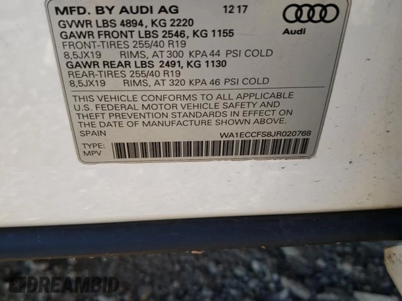 2018 Audi Q3 Premium with VIN WA1ECCFS8JR020768, listed as a Copart auction lot 45134973 with 42,221 mi miles. Bid and sale history available at carsss.com. Image 15.