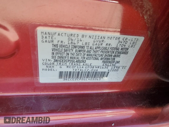 2016 Nissan Note S with VIN 3N1CE2CP2GL405263, listed as a Copart auction lot 54621595 with 138,009 mi miles and Clean title. Bid and sale history available at DreamBid. Image 12.