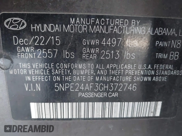 2016 Hyundai Sonata SE z VIN 5NPE24AF3GH372746, wystawiony jako IAAI lot #42343113 z przebiegiem 146 919 mil mil oraz . Historia ofert i sprzedaży dostępna na DreamBid. Obrazek 9.