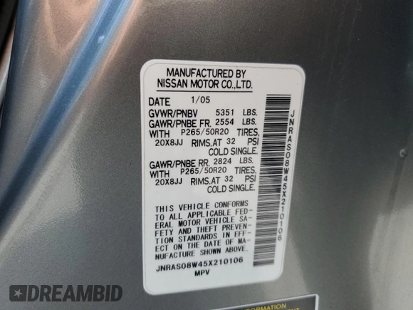 2005 Infiniti FX with VIN JNRAS08W45X210106, listed as a Copart auction lot 60341175 with 152,803 mi miles and Clean title. Bid and sale history available at DreamBid. Image 13.