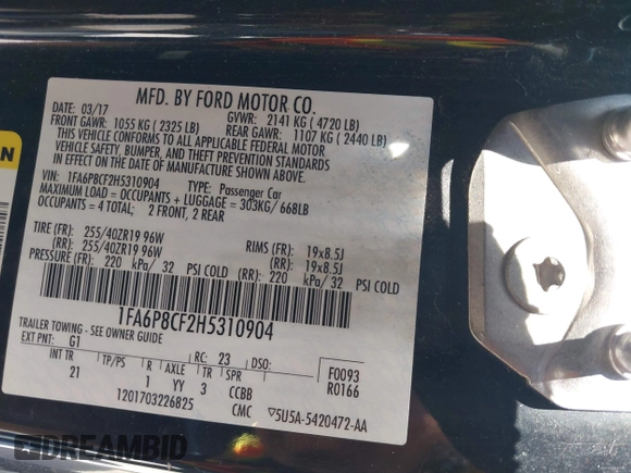 2017 Ford Mustang GT with VIN 1FA6P8CF2H5310904, listed as a IAAI auction lot 42112082 with 90,779 mi miles and . Bid and sale history available at carsss.com. Image 9.