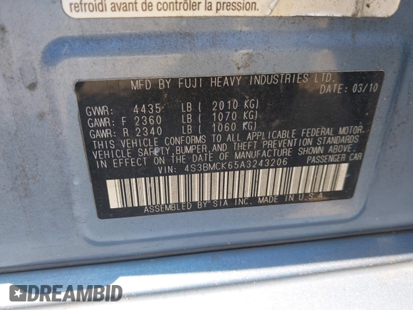 2010 Subaru Legacy Limited Moon with VIN 4S3BMCK65A3243206, listed as a IAAI auction lot 42661674 with Not provided miles and . Bid and sale history available at DreamBid. Image 9.