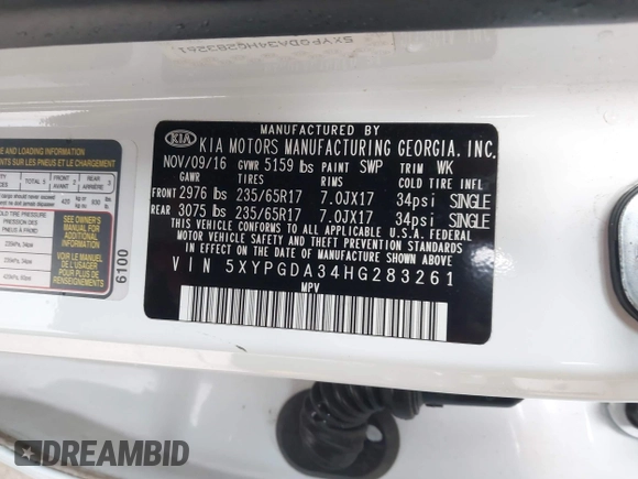 2017 Kia Sorento LX with VIN 5XYPGDA34HG283261, listed as a IAAI auction lot 42096509 with 126,123 mi miles and . Bid and sale history available at DreamBid. Image 9.