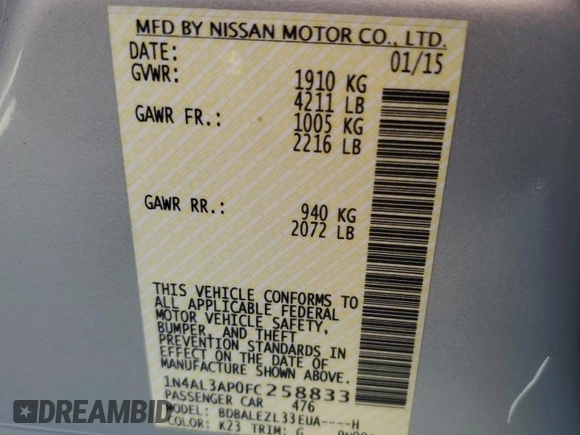 2015 Nissan Altima S with VIN 1N4AL3AP0FC258833, listed as a Copart auction lot 52569995 with 123,148 mi miles and Salvage Title. Bid and sale history available at DreamBid. Image 13.