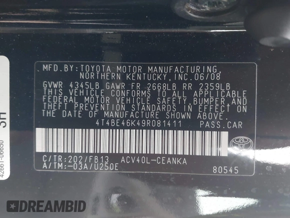 2009 Toyota Camry with VIN 4T4BE46K49R081411, listed as a IAAI auction lot 42250824 with 335,841 mi miles and . Bid and sale history available at DreamBid. Image 9.