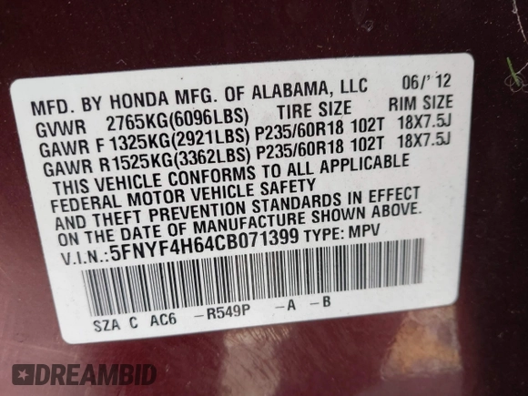 2012 Honda Pilot EX-L with VIN 5FNYF4H64CB071399, listed as a IAAI auction lot 42458976 with 91,026 mi miles and . Bid and sale history available at DreamBid. Image 9.