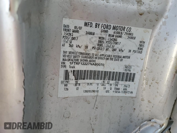 2007 Ford F-150 XL with VIN 1FTRF12227NA80070, listed as a Copart auction lot 51455095 with Not provided miles and Salvage title. Bid and sale history available at DreamBid. Image 12.