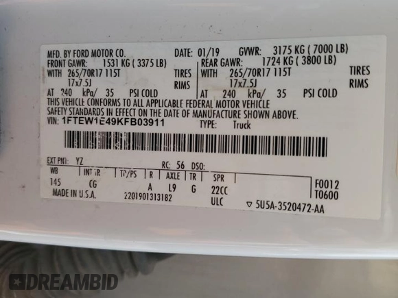 2019 Ford F-150 XL with VIN 1FTEW1E49KFB03911, listed as a Copart auction lot 60873085 with 143,134 mi miles and Clean title. Bid and sale history available at DreamBid. Image 12.