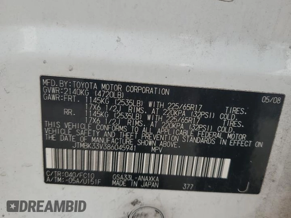 2008 Toyota RAV4 with VIN JTMBK33V386045941, listed as a Copart auction lot 49262145 with 209,872 mi miles and Salvage Title. Bid and sale history available at carsss.com. Image 13.