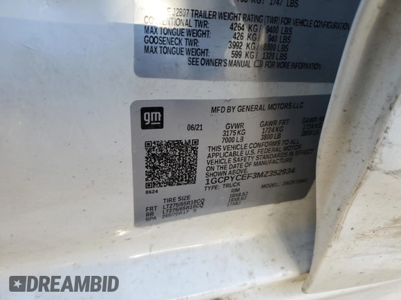 2021 Chevrolet Silverado 1500 Custom Trail Boss with VIN 1GCPYCEF3MZ352934, listed as a Copart auction lot 48747415 with 56,017 mi miles and Salvage Title. Bid and sale history available at DreamBid. Image 12.