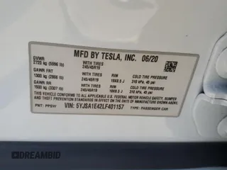 2020 Tesla Model S Performance with VIN 5YJSA1E42LF401157, listed as a Copart auction lot 55082875 with 60,376 mi miles and Salvage title. Bid and sale history available at DreamBid. Image 12.